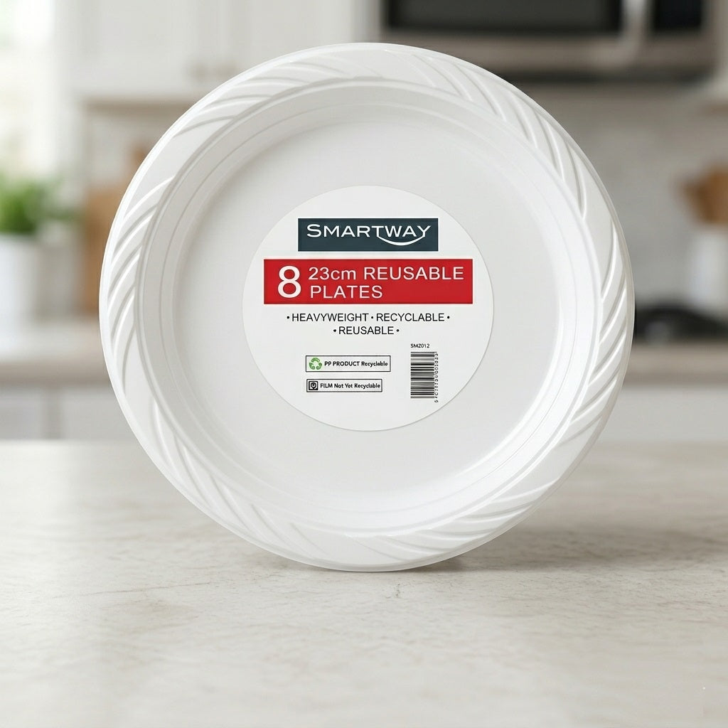 Smartway Reusable Plastic Plates White 23cm Pack of 8 SM3012 | Heavyweight Recyclable PP Plastic Round Plate | Washable Disposable Party Picnic BBQ Catering Tableware | Durable White Dinnerware Utensils