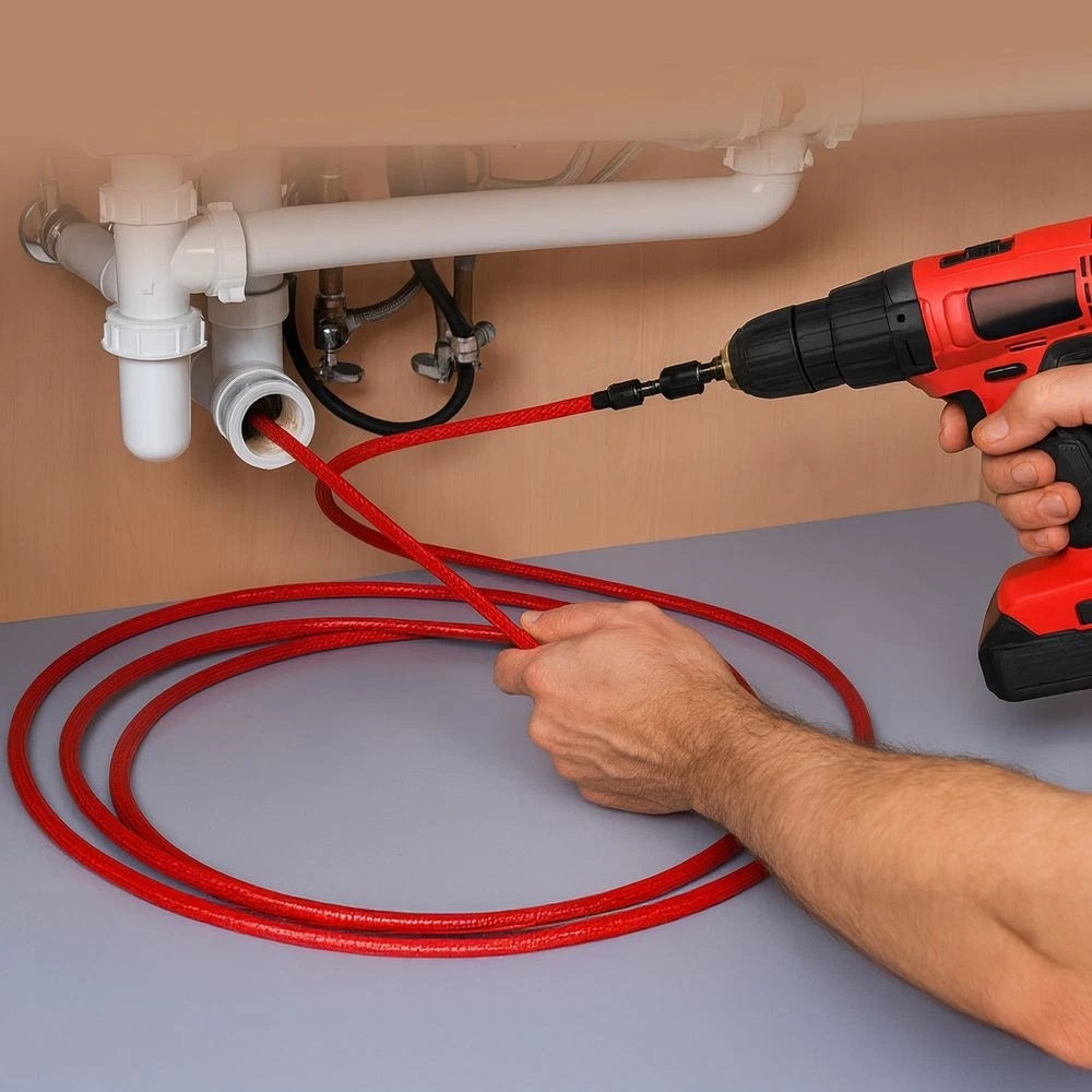 Dekton Drain Auger Unblocker Flexible Pipe Cleaner Red 7Mtr DT30345 | Heavy Duty Rotating Steel Wire Coil | Hex Tip Attaches To Any Power Drill | Flexible Wire Easily Tackles 90 Degree Bends