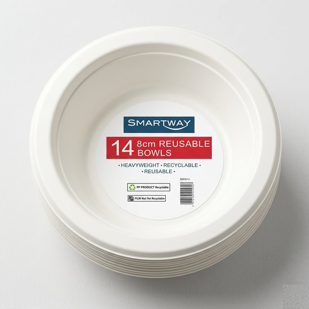 Smartway Reusable Bowls White 8cm 6oz Pack of 14 SM3014 | Heavyweight Recyclable PP Plastic Bowl Set | Disposable Party Picnic BBQ Catering Tableware | Durable Dining Fruit Cereal Soup Containers