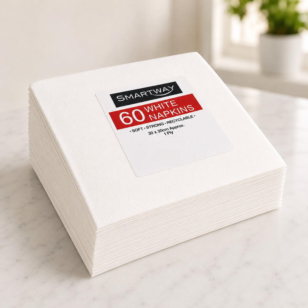 Smartway 1 Ply Napkins White 30cm x 30cm Pack of 60 SM3010 | Soft-Strong-Recyclable | Disposable Paper Serviettes | Party Catering Wedding Event Tableware