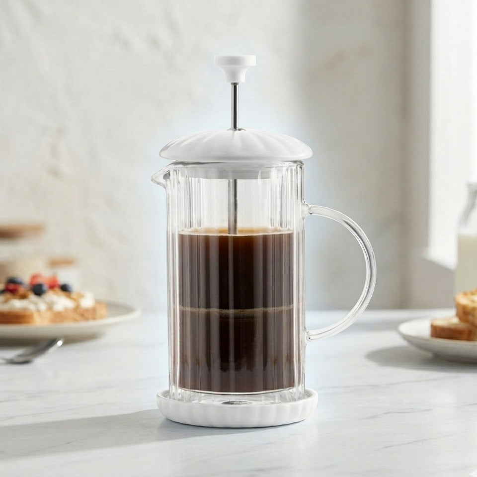 Price and Kensington Luxe Cafetiere White H21cm x W13cm x D10.5cm 350ml 0056.823 | French Press Coffee Maker Gift Set | Fluted Double-Walled Glass with Ceramic Lid | Includes Coaster Clip Spoon and Spare Filters | Manual Brewer for Ground Coffee