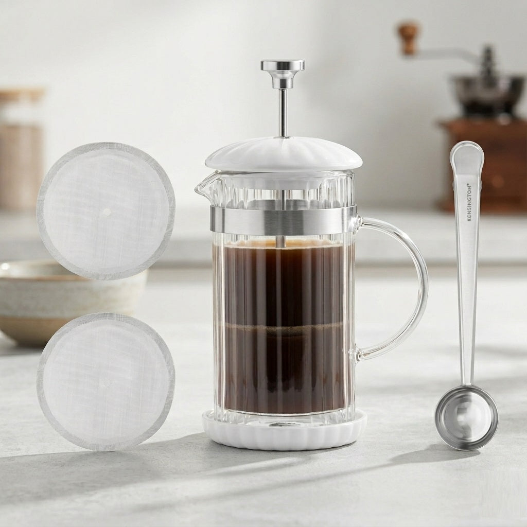 Price and Kensington Luxe Cafetiere White H21cm x W13cm x D10.5cm 350ml 0056.823 | French Press Coffee Maker Gift Set | Fluted Double-Walled Glass with Ceramic Lid | Includes Coaster Clip Spoon and Spare Filters | Manual Brewer for Ground Coffee