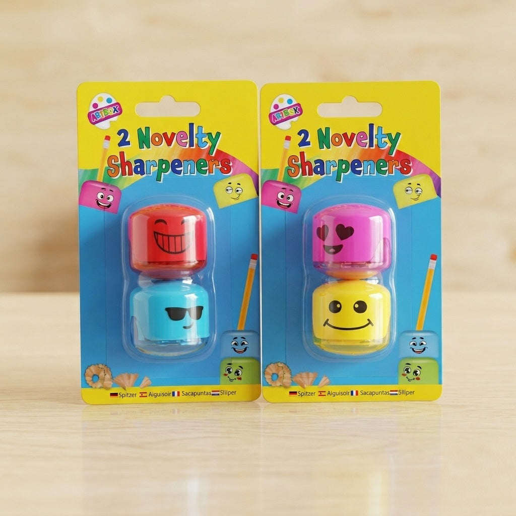Tallon Artbox Novelty Sharpeners Assorted Pack of 2 1067 | Plastic Material | Funny Emoji Face Pencil Sharpeners | Cute School Stationery Supplies | Kids Classroom Rewards And Birthday Party Favours