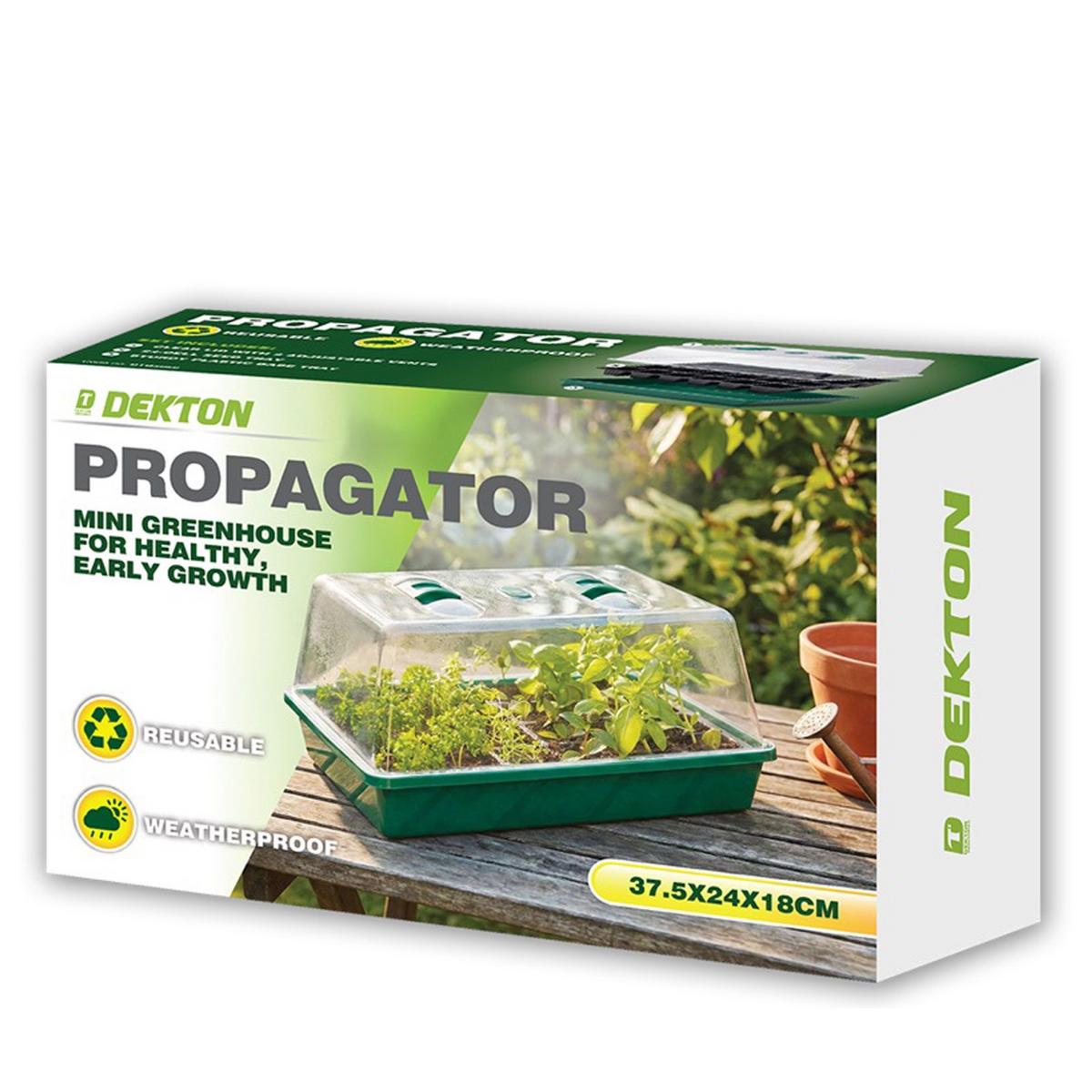 Dekton Mini Greenhouse Propogator Green 37.5cm x 24cm x 18cm DTG3050 | Reusable | Weatherproof | Clear Lid with 2 Adjustable Vents | 24-Cell Seed Tray | Sturdy Plastic Base Tray