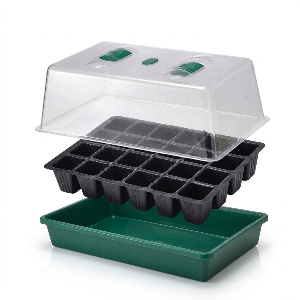 Dekton Mini Greenhouse Propogator Green 37.5cm x 24cm x 18cm DTG3050 | Reusable | Weatherproof | Clear Lid with 2 Adjustable Vents | 24-Cell Seed Tray | Sturdy Plastic Base Tray