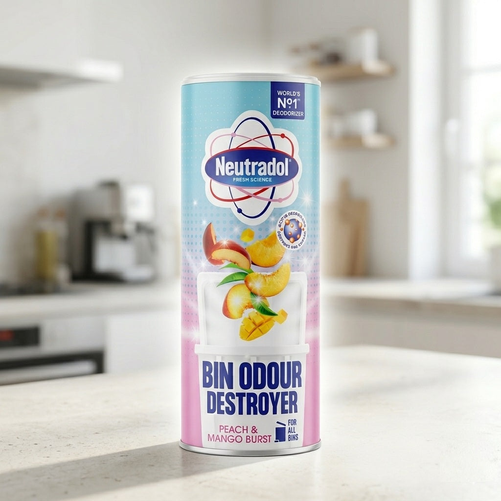 Neutradol Bin Odour Destroyer Peach and Mango Burst 350g 12VQS | Waste Dustbin Deodoriser Powder | Household Trash Can Freshener | Odour Neutraliser Cleaning Supplies