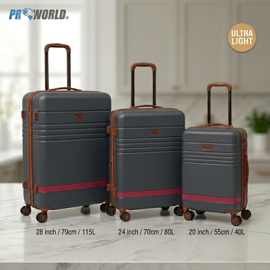Pro World Suitcase Set Black Assorted Sizes Pack of 3 FB5000490 | Travel Trolley Bags | Hard Shell Suitcases | 360 Spinner Wheels Lightweight Carrier