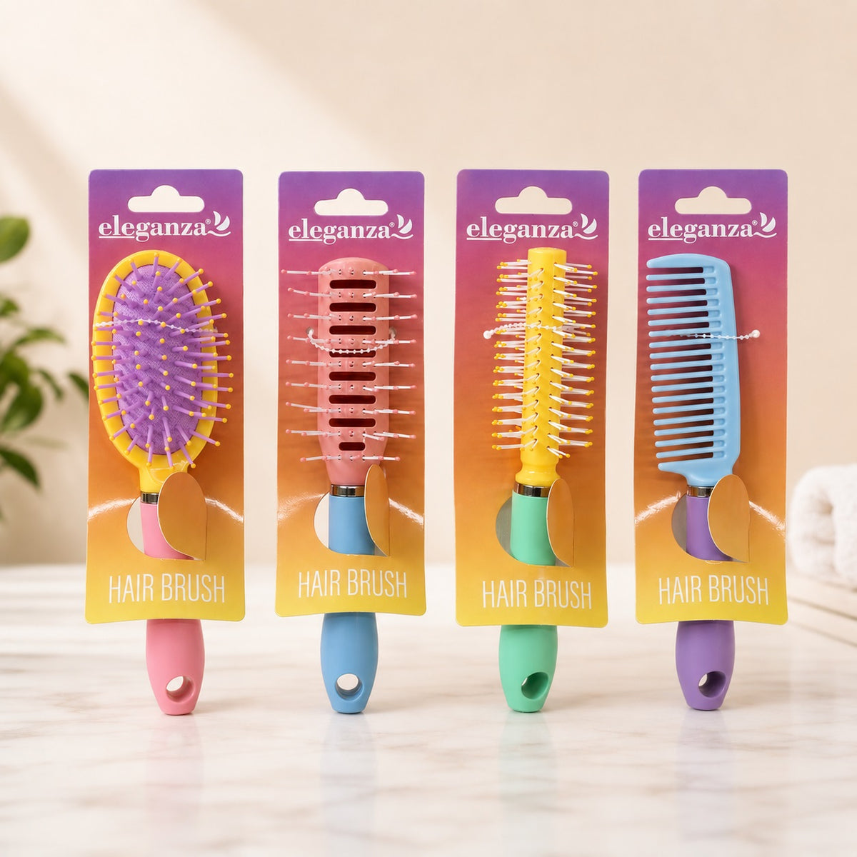 Eleganza Hair Brush Assorted 18cm Pack of 1 CP8501750 | Detangling Hair Brush | Paddle Vent Round Brush and Wide Tooth Comb | Daily Hair Care Styling Tools | Wet and Dry Detangler