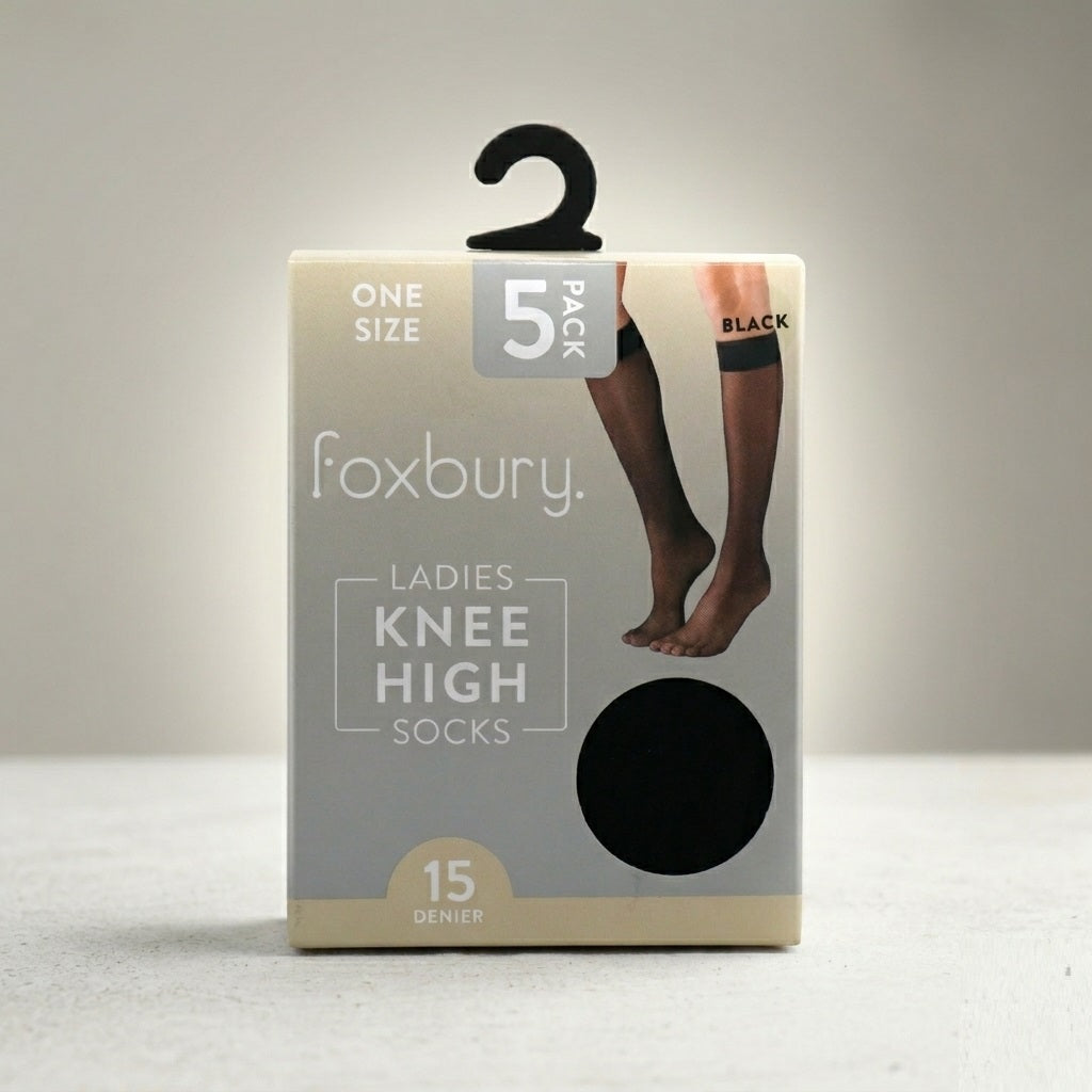 Foxbury Ladies Knee High Socks Black One Size Pack of 5 SK1467 | Sheer Stockings | 15 Denier Nylon Hosiery | Comfort Band Pop Socks | Everyday Wear Trouser Socks | Womens Breathable Elasticated Footwear