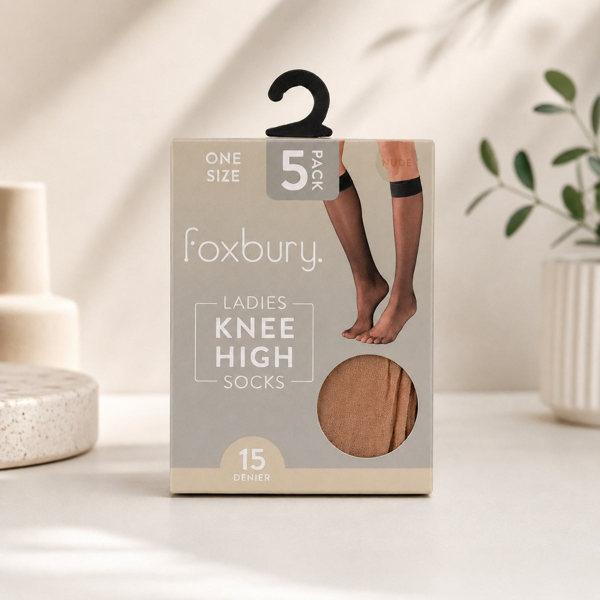 Foxbury Ladies Knee High Socks Nude One Size Pack of 5 SK1468 | Sheer Stockings | 15 Denier Nylon Hosiery | Comfort Band Pop Socks | Everyday Wear Trouser Socks | Womens Breathable Elasticated Footwear
