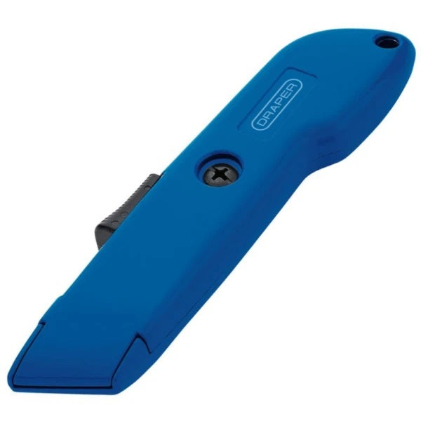 Draper Tools Auto-Retracting Trimming Knife Blue 66274 | Diecast Zinc Body| Safety Utility Knife | Heavy Duty Trimming Cutter