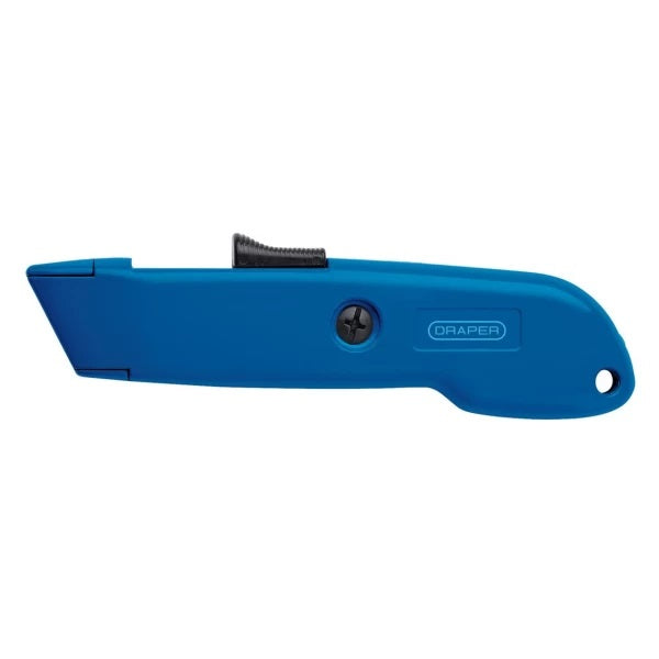 Draper Tools Auto-Retracting Trimming Knife Blue 66274 | Diecast Zinc Body| Safety Utility Knife | Heavy Duty Trimming Cutter