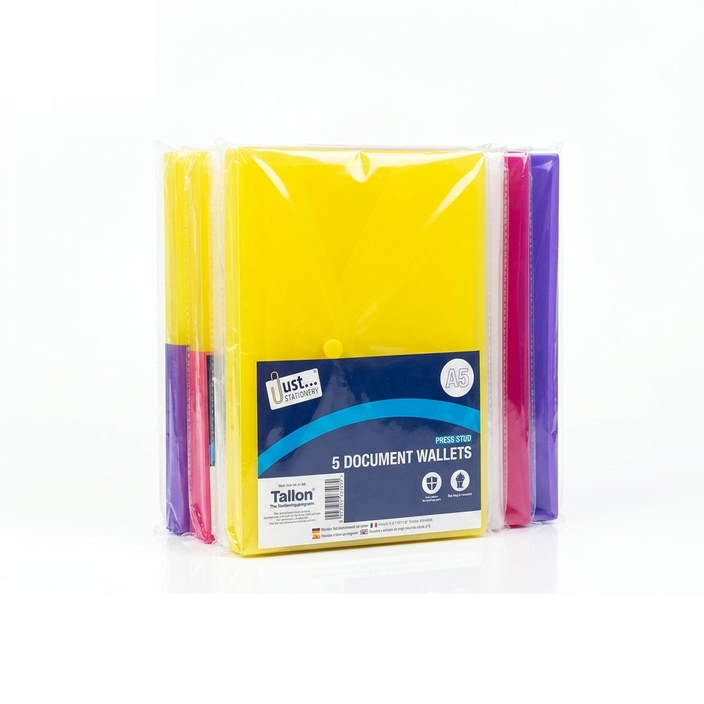 Just Stationery Press Stud Document Wallets Assorted A5 Pack of 5 6048 | Protects Presentation | Strong and Durable