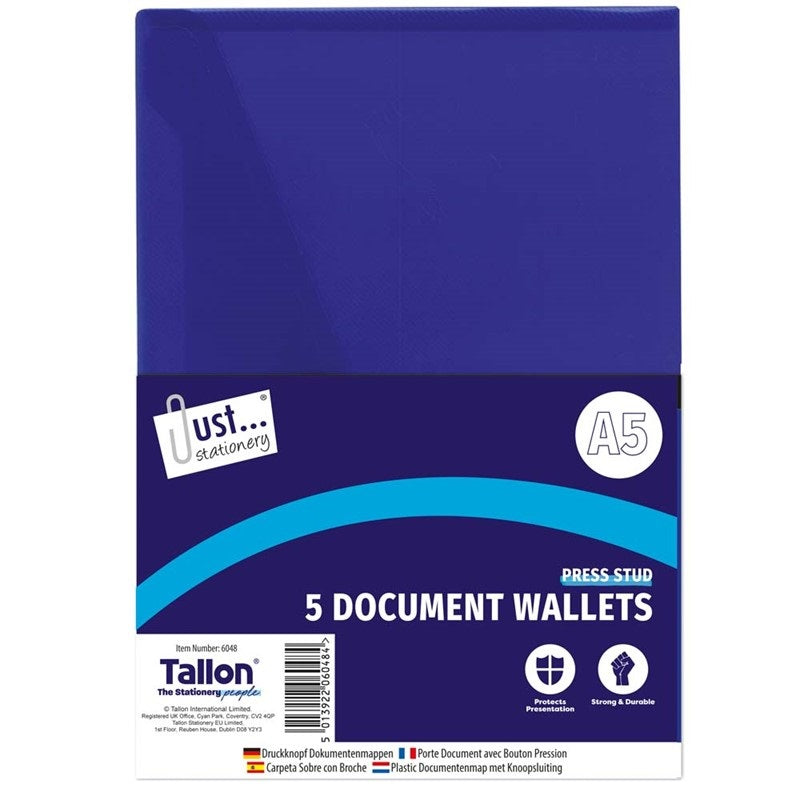 Just Stationery Press Stud Document Wallets Assorted A5 Pack of 5 6048 | Protects Presentation | Strong and Durable
