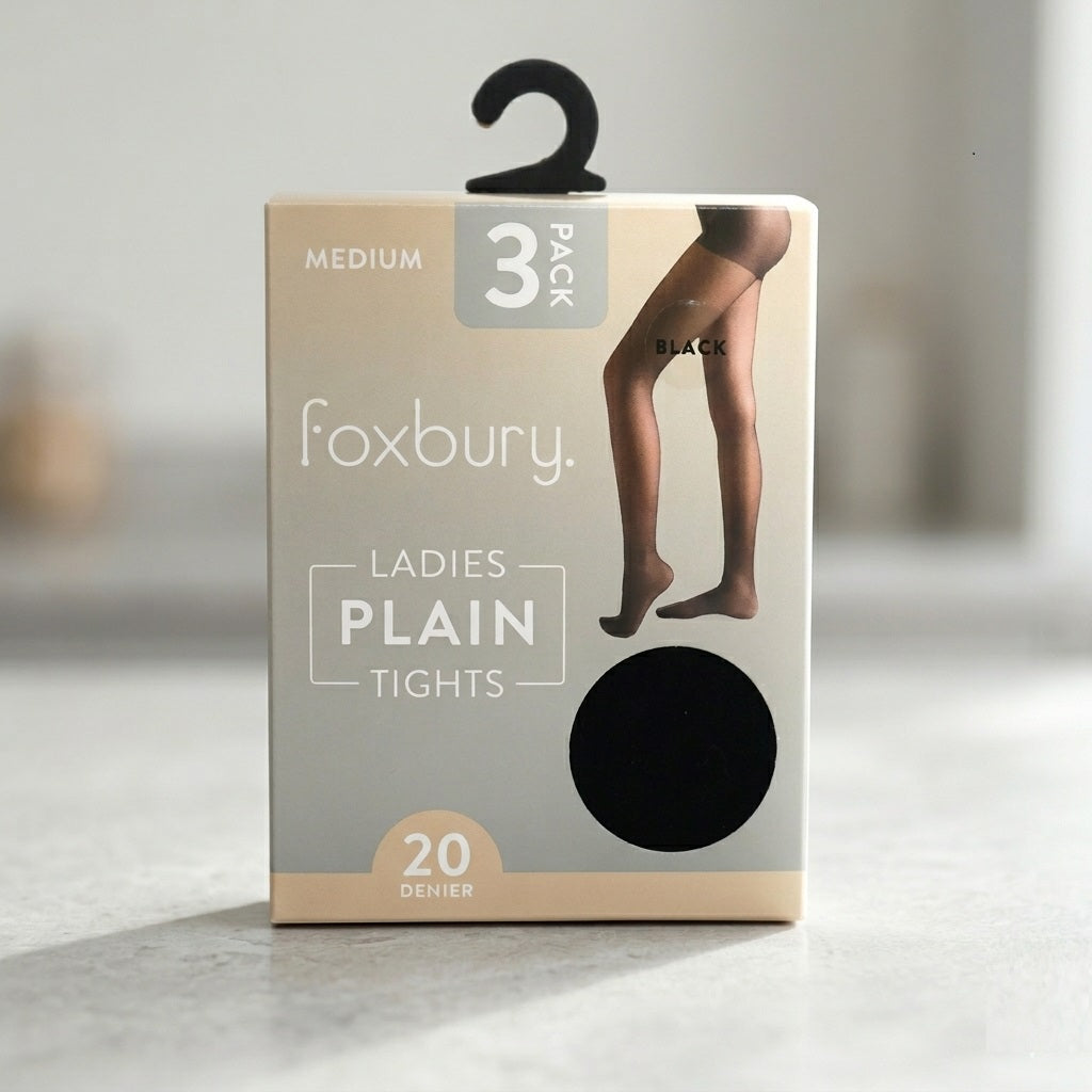 Foxbury Ladies Plain Tights Black Medium Pack of 3 SK1470 | Sheer Pantyhose | 20 Denier Nylon Stockings | Everyday Stretch Footed Hosiery | Womens Basic Underwear | Casual Office Wear