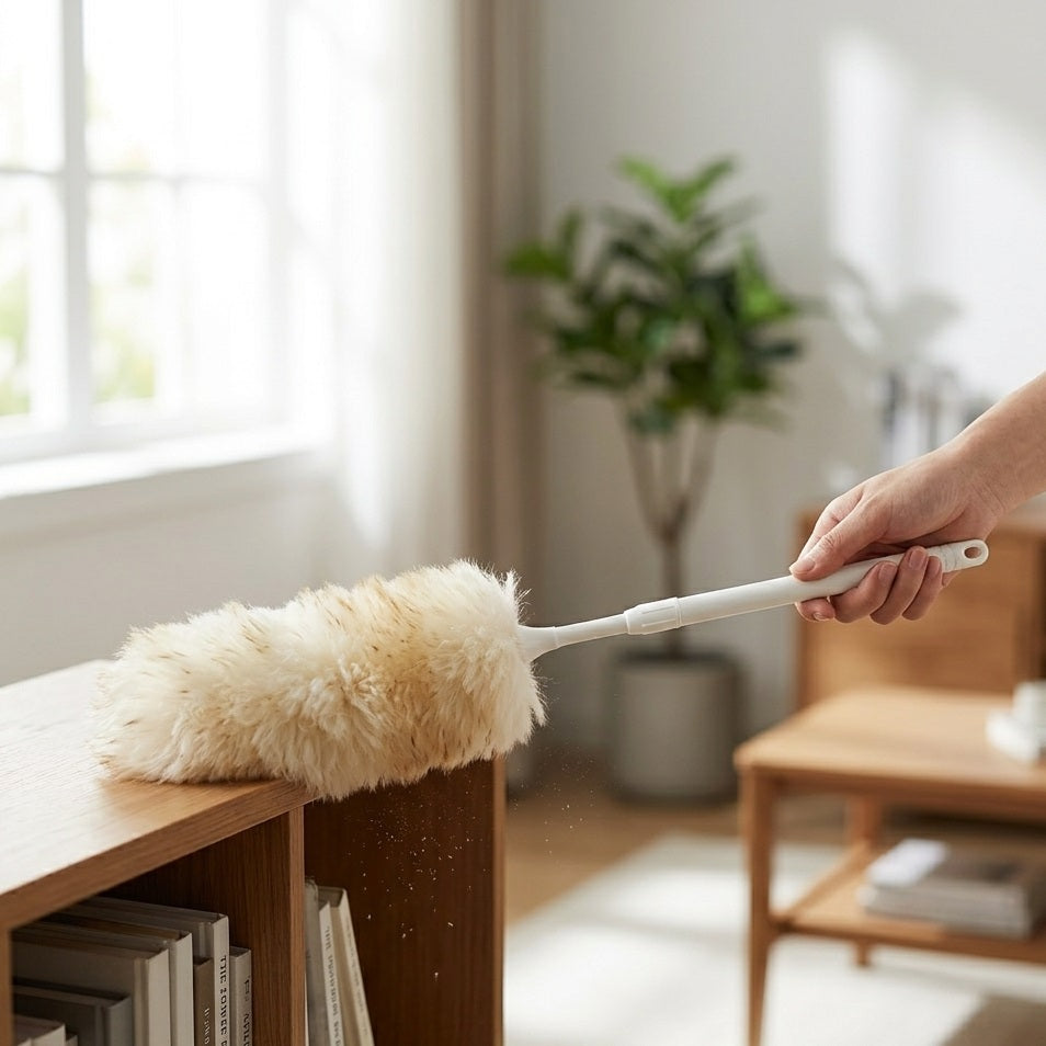Everyday by Wilsons Flick 2 Section Lambswool Duster Natural 1.1Mtr 1358 | Extending Handle Dusting Brush | Telescopic Long Reach Cleaning Tool | 100 Percent Pure Lambswool Cleaner | Home Ceiling Fan Blind Radiator Duster | Static Dust Attracting Broom
