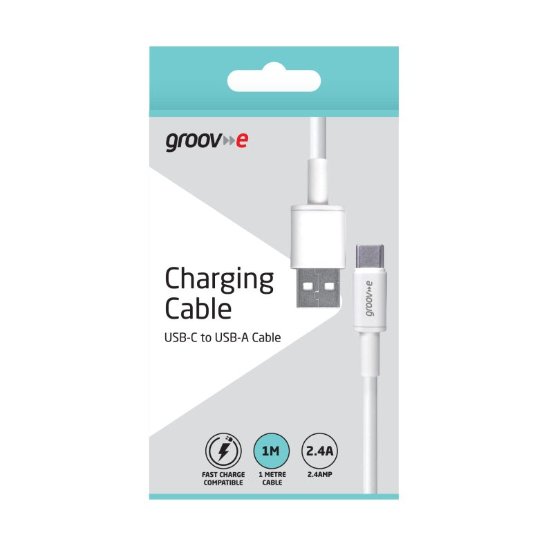 Groov-e USB-C to USB-A Charging Cable White 1Mtr GVMA001WE | Fast Charge Compatible | Charge and Sync | 2.4A Power Output