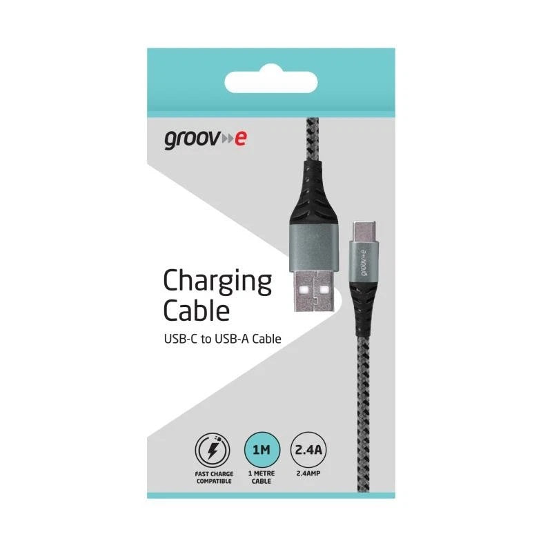 Groov-e USB-C to USB-A Charging Cable Grey 1Mtr GVMA005SG | Fast Charge Compatible | Charge and Sync | 2.4A Power Output