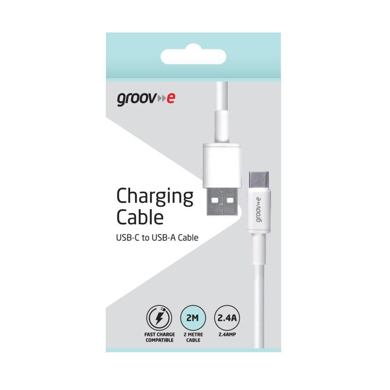 Groov-e USB-C to USB-A Charging Cable White 2Mtr GVMA003WE | Fast Charge Compatible | Charge and Sync | 2.4A Power Output