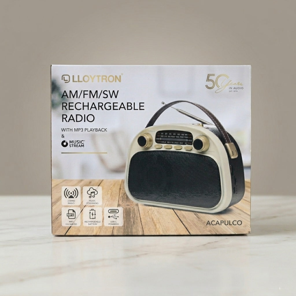 Lloytron Rechargeable Radio Cream and Black N6408CR | AM FM SW 3 Band Portable Receiver | Acapulco Vintage Style Wireless Speaker | MP3 Music Player | USB MicroSD Slot | Bluetooth Audio Streaming Device | Retro Mains Cordless Transistor Radio