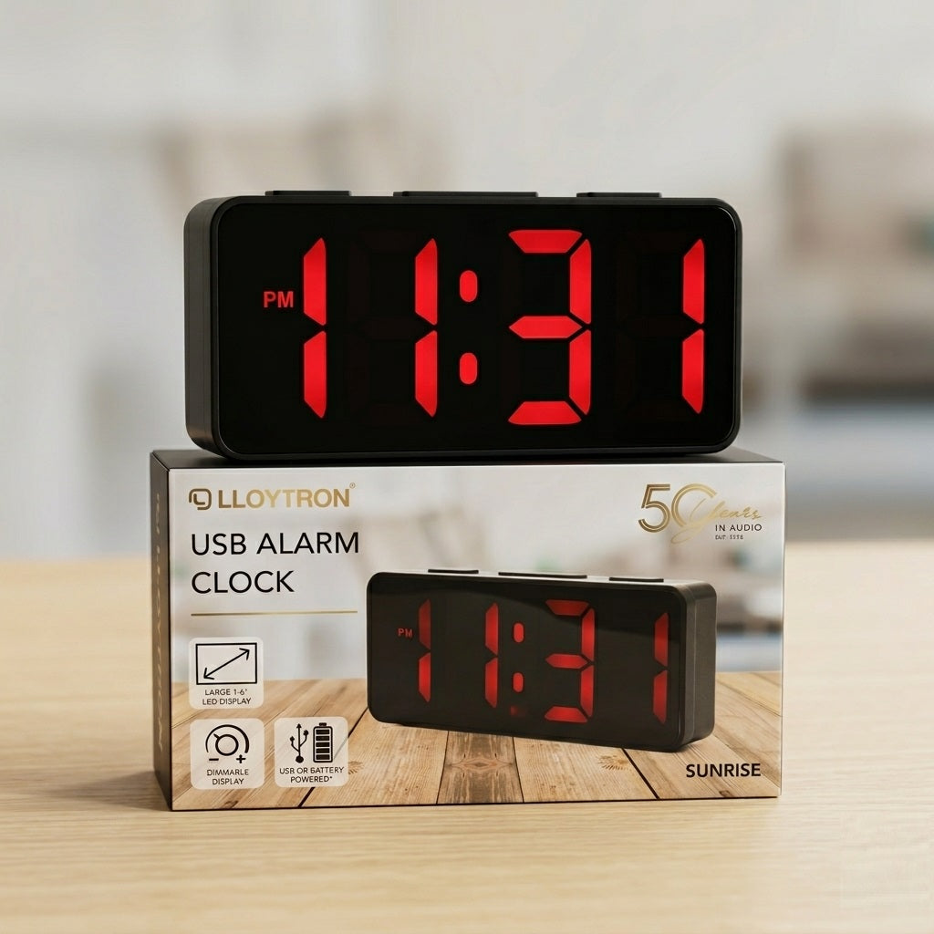 Lloytron LED USB Alarm Clock Black 4cm J1002BK | Digital Red LED Desk Timepiece | Sunrise 12-24 Hour Snooze Clock | 5 Level Dimmable Bedside Nightstand Timer | Battery Backup Dual Power Supply | Portable Home Office Travel Clock