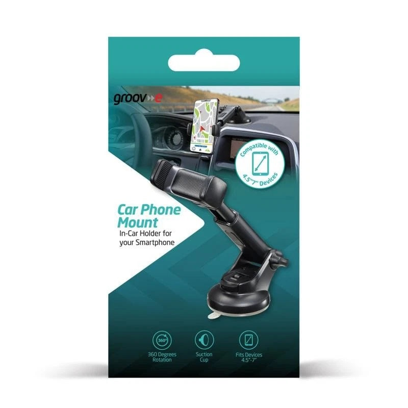 Groov-e Car Phone Mount Black GVWM10BK | 360 Degrees Rotation | Suction Cup | Fits Devices 4.5-Inch to 7-Inch