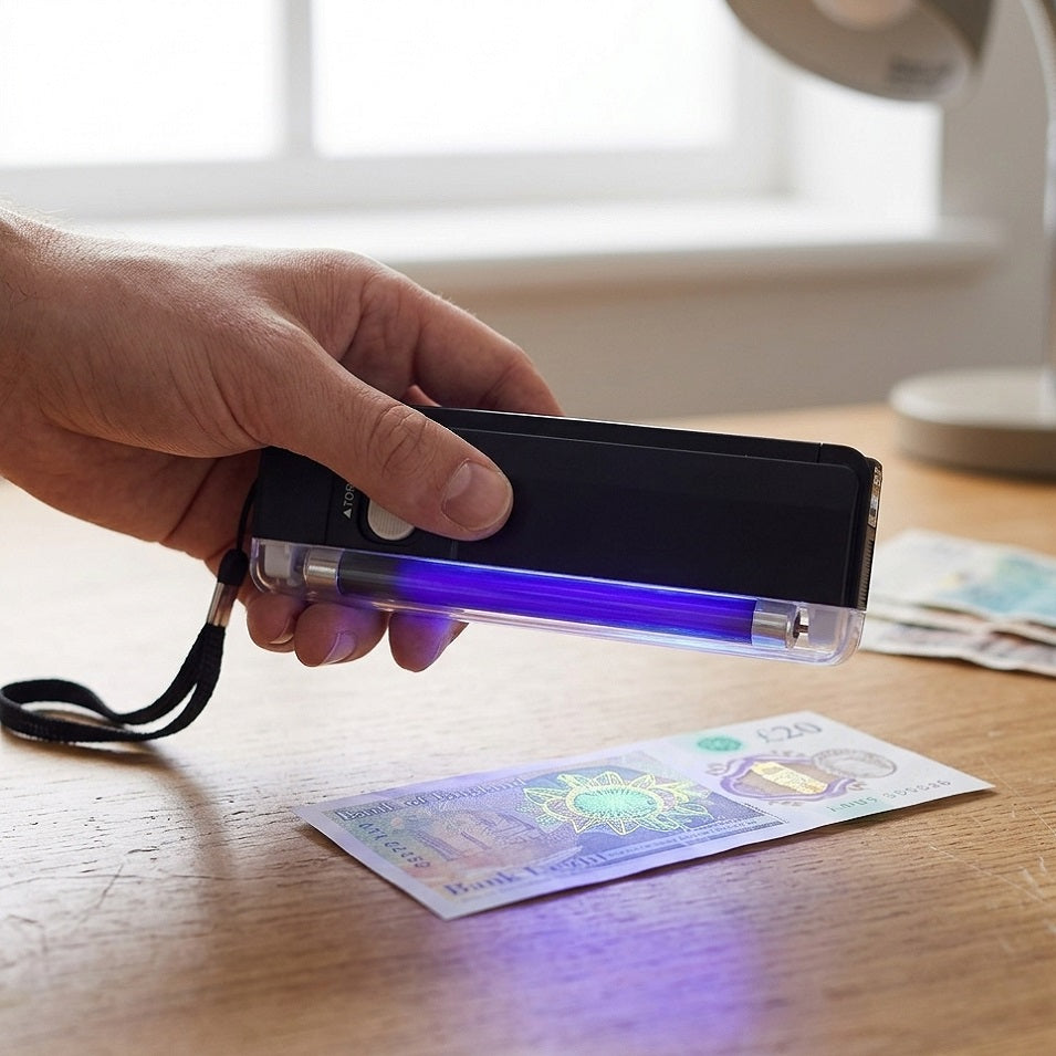 QTX Light Mini Light Black 55mm x 23mm x 160mm 4W 160.120UK | Handheld UV Lamp | Pocket Fabric Stain Detector | Bank Note Checker | Built In Torch Flashlight | Portable Fake ID Currency Verifier