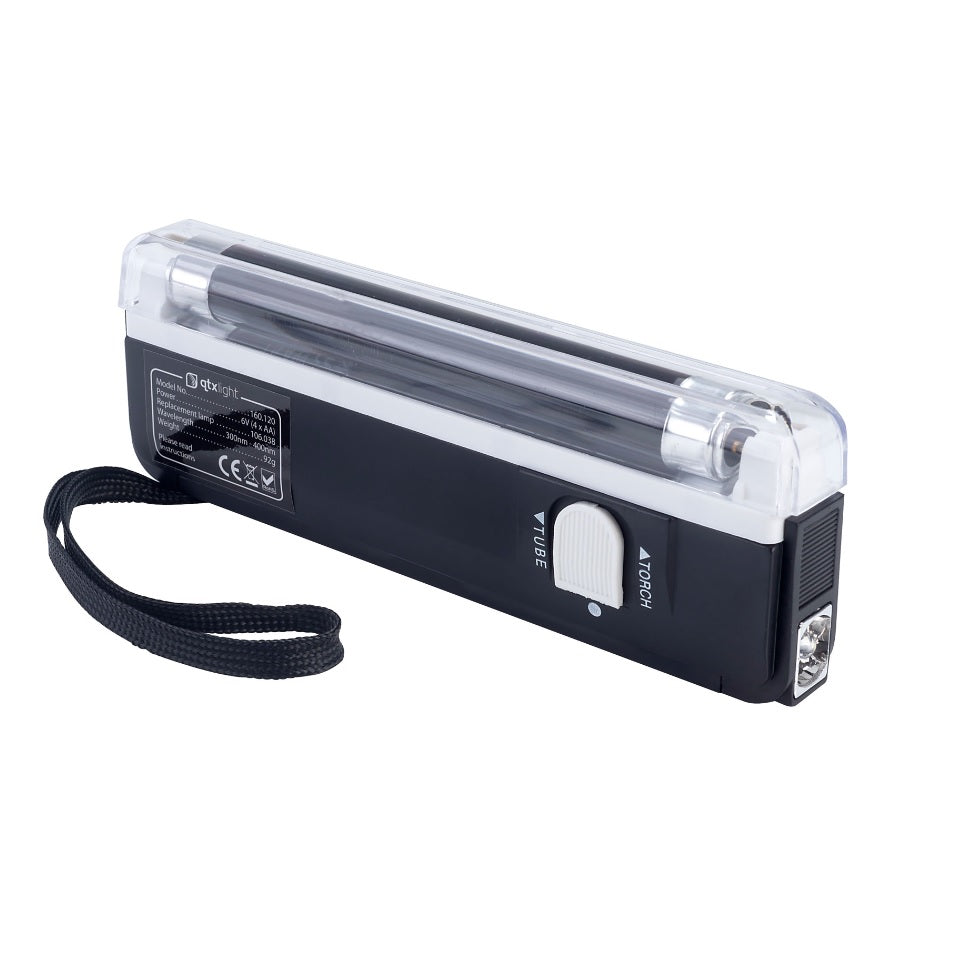 QTX Light Mini Light Black 55mm x 23mm x 160mm 4W 160.120UK | Handheld UV Lamp | Pocket Fabric Stain Detector | Bank Note Checker | Built In Torch Flashlight | Portable Fake ID Currency Verifier
