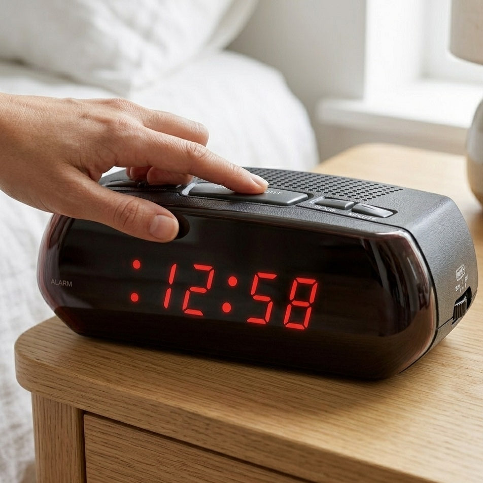 Acctim Miramar Digital Red LED Display Alarm Clock Black 0.6-Inch 16413 | Crescendo Alarm with Snooze | USB Powered Bedside Nightstand Timer | Battery Backup Desktop Home Office Clock