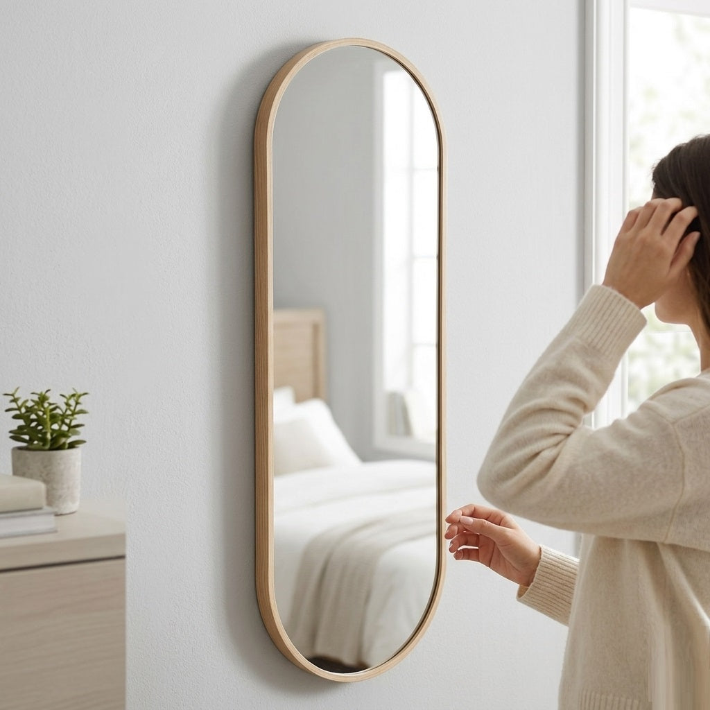 Mirror Light Brown 100cm x 30cm FL2800270 | Full Length Wall Mirror | Long Bedroom Dressing Mirror | Hanging Home Decor Glass | Rounded Corner Rectangle Mirror | Living Room Hallway Vanity Mirror