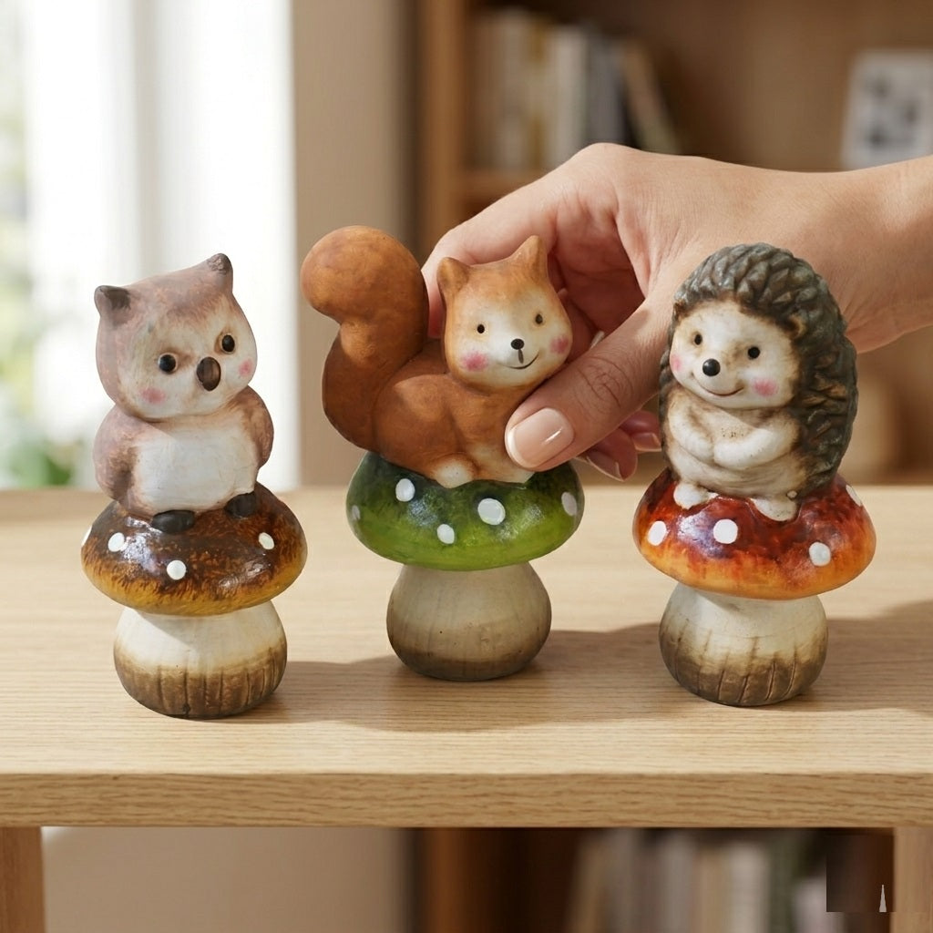 Mushroom Wild Animal Assorted 6cm x 12cm Pack of 1 APF540740 | Woodland Animal Ornament | Mushroom Figurine Decoration | Forest Theme Home Decor | Hand Painted Animal Statue | Rustic Garden Ornament | Squirrel Owl Pinecone Decoration | Decorative Display Accessory
