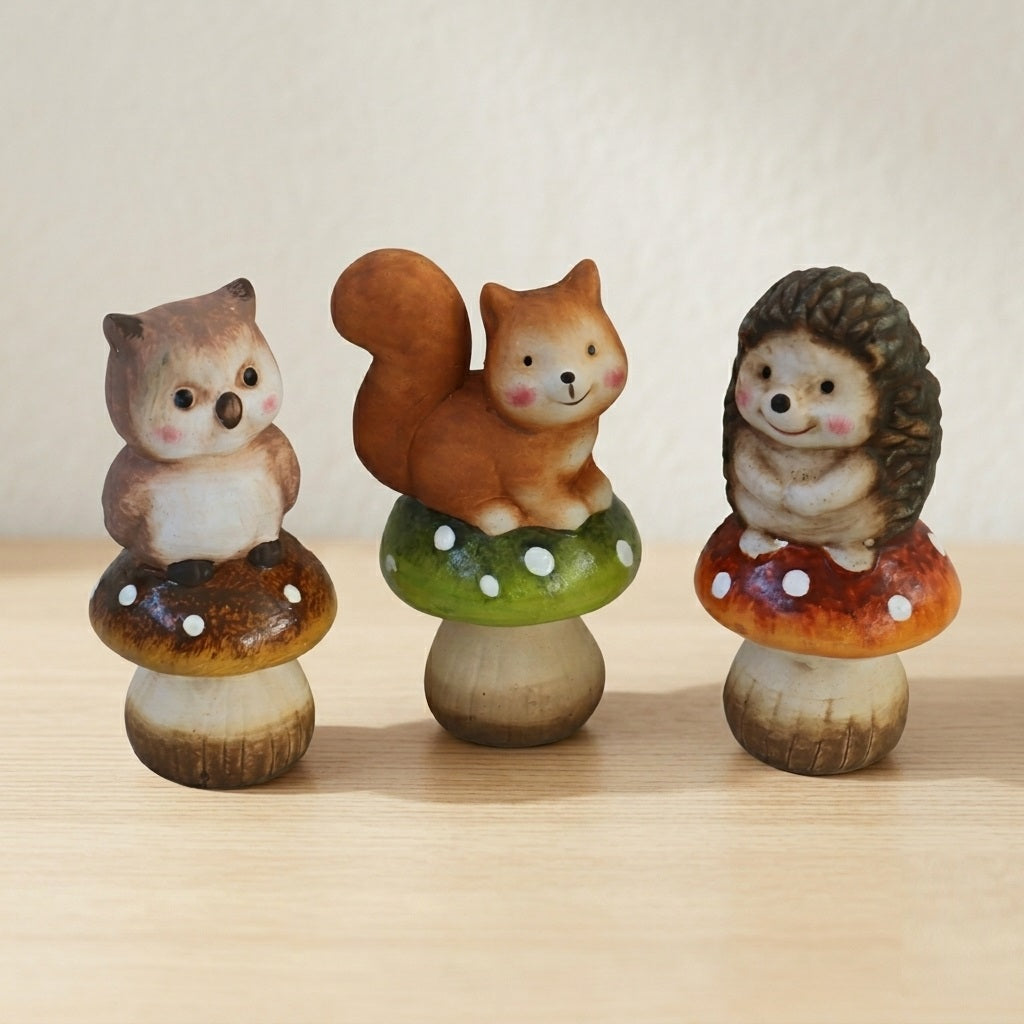 Mushroom Wild Animal Assorted 6cm x 12cm Pack of 1 APF540740 | Woodland Animal Ornament | Mushroom Figurine Decoration | Forest Theme Home Decor | Hand Painted Animal Statue | Rustic Garden Ornament | Squirrel Owl Pinecone Decoration | Decorative Display