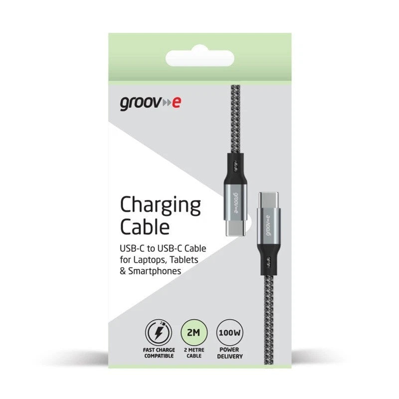 Groov-e USB-C to USB-C Charging Cable Grey 2Mtr GVMA028SG | Charge and Sync | 100W Power Delivery | 480 Mbps Data Transfer Speed