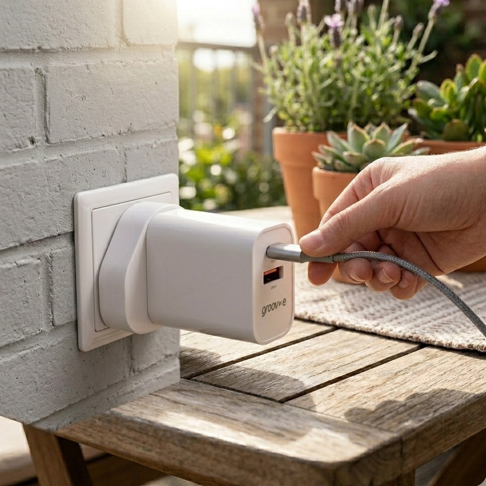 Groov-e USB-C and USB-A Travel Wall Charger White GVMA113WE | Fast Charge | 25W Power Delivery | Includes Carry Pouch | World Adaptors Included | GaN Technology