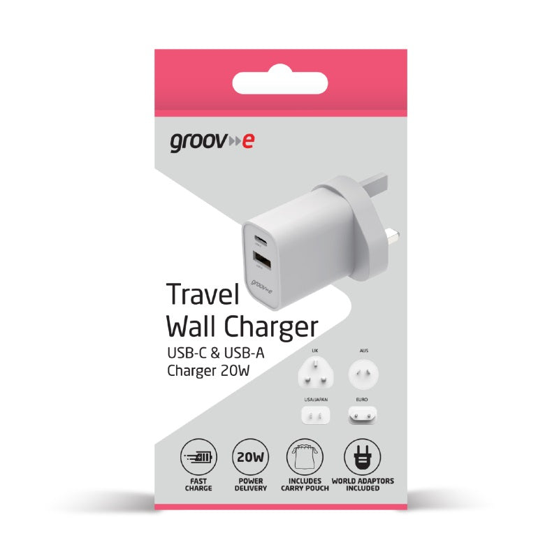 Groov-e USB-C and USB-A Travel Wall Charger White GVMA113WE | Fast Charge | 25W Power Delivery | Includes Carry Pouch | World Adaptors Included | GaN Technology