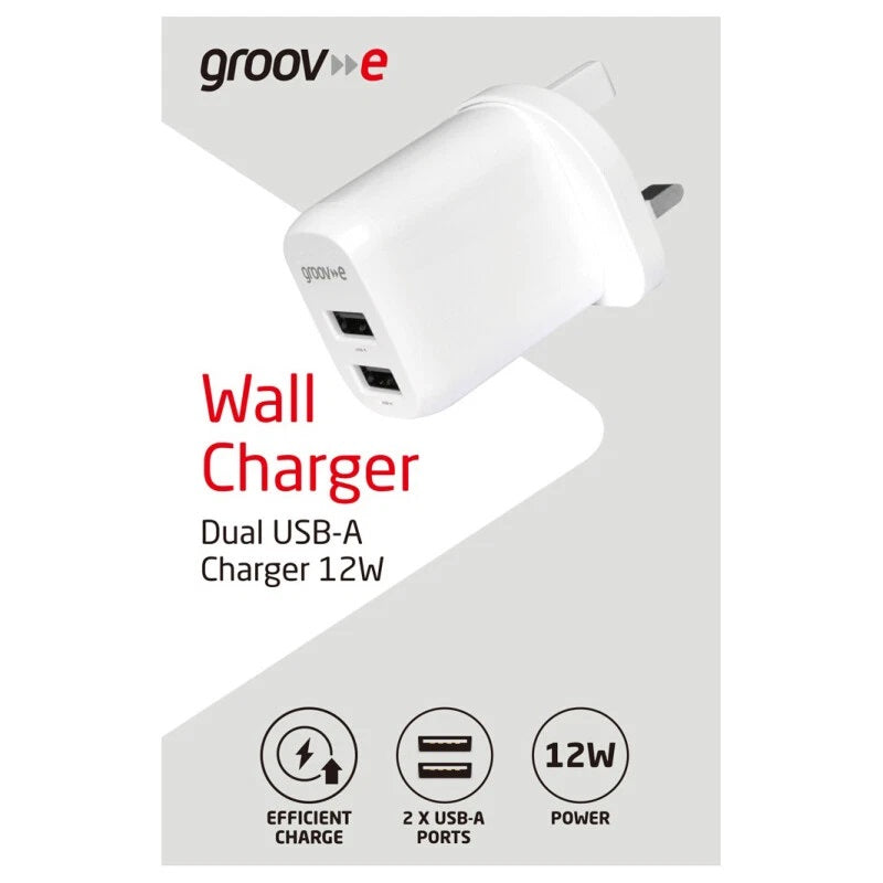 Groov-e Dual USB-A Wall Charger White GVMA103WE | Efficient Charge | 2x USB A Ports | 12W Power