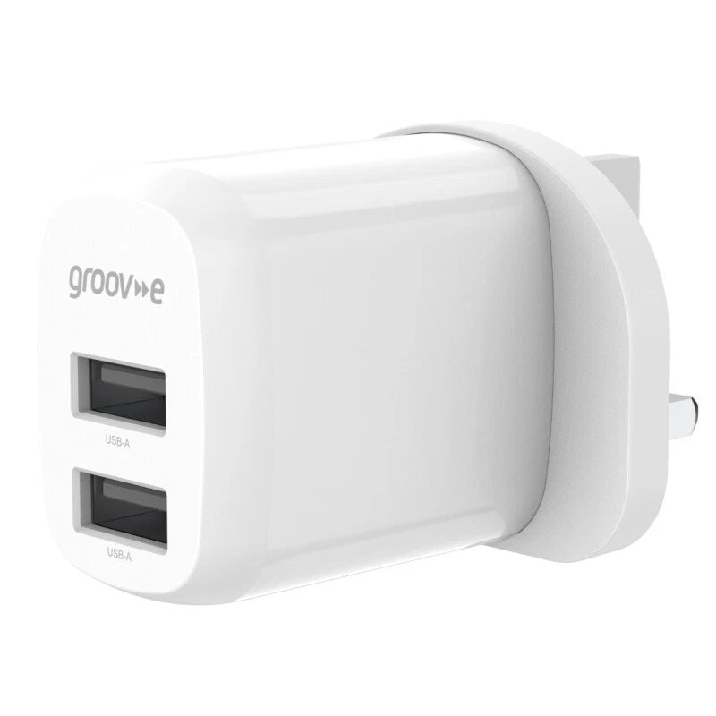 Groov-e Dual USB-A Wall Charger White GVMA103WE | Efficient Charge | 2x USB A Ports | 12W Power