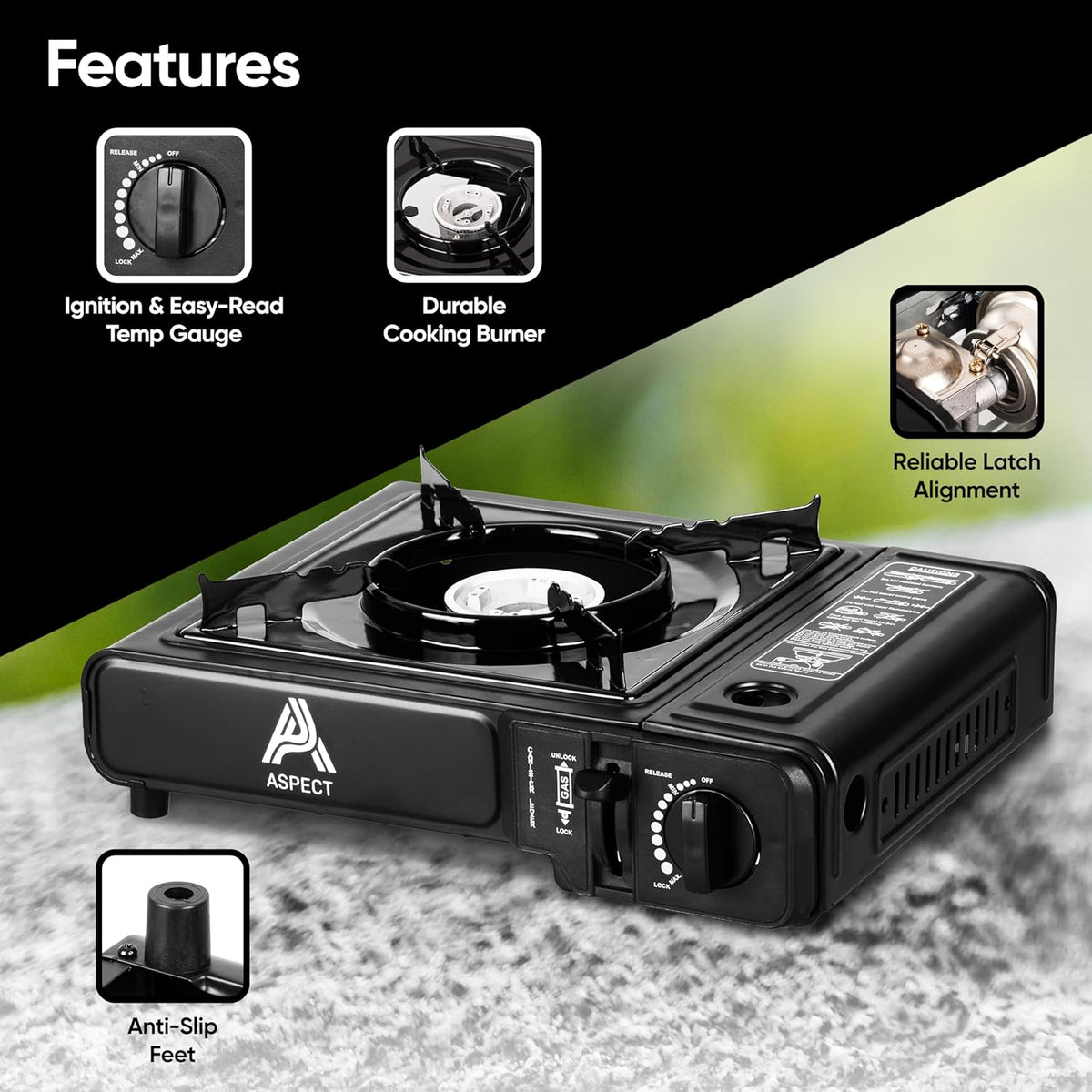 Aspect Portable Camping Stove Black 35.5cm x 10cm x 31.5cm GAS STOVE | Butane Gas Camping Cooker Single Burner Stove | Portable Outdoor Hob Cooker | Camping Caravan Picnic Fishing Cooking Stove