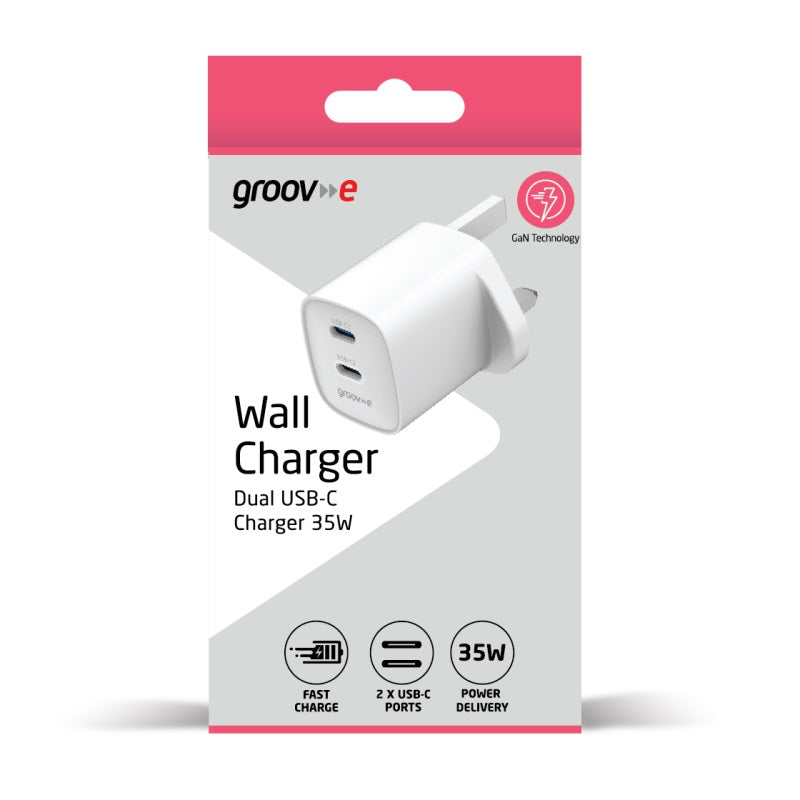 Groov-e Dual USB-C Wall Charger White GVMA108WE | Fast Charge | 2x USB Ports | 35W Power Delivery | GaN Technology