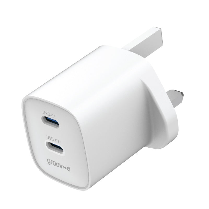 Groov-e Dual USB-C Wall Charger White GVMA108WE | Fast Charge | 2x USB Ports | 35W Power Delivery | GaN Technology