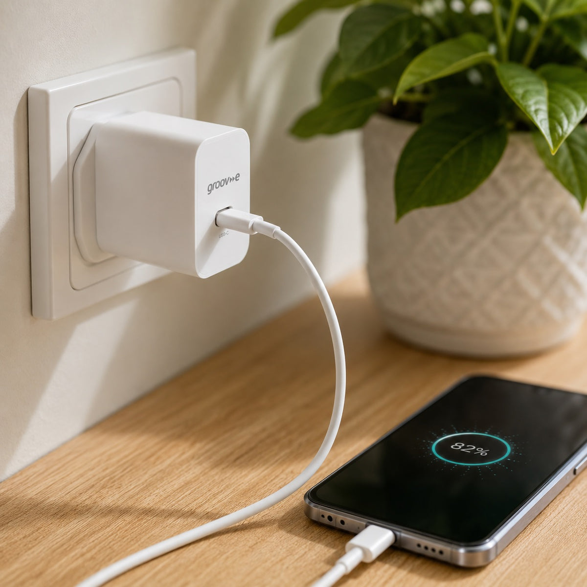 Groov-e USB-C Wall Charger with USB-C to USB-C Cable White 1.2Mtr GVMA112WE | Fast Charge | USB-C Port | 25W Power Delivery | GaN Technology