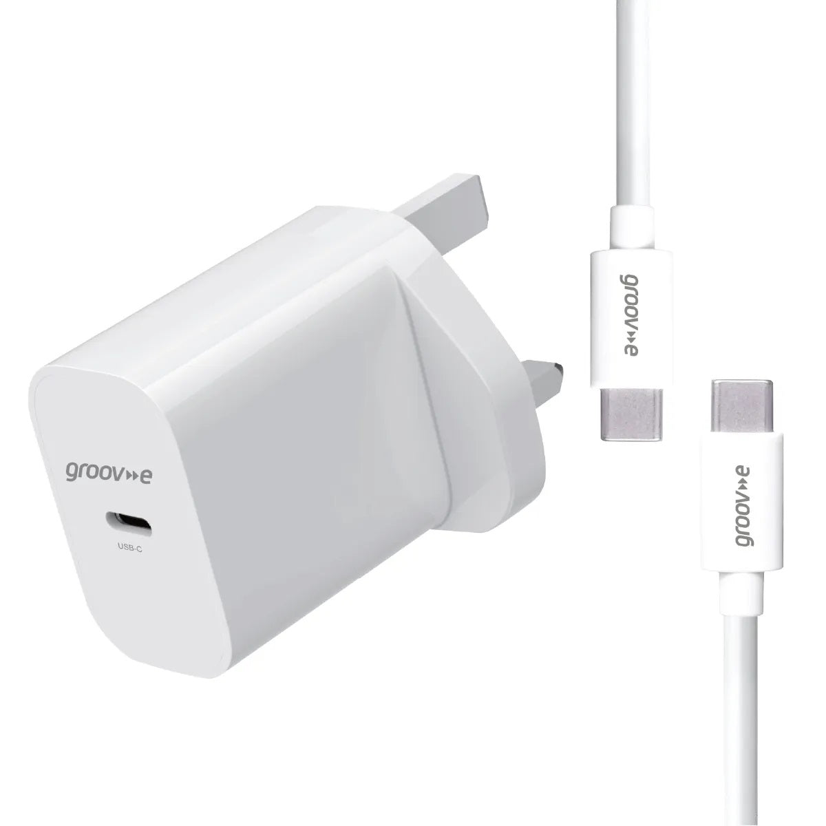 Groov-e USB-C Wall Charger with USB-C to USB-C Cable White 1.2Mtr GVMA112WE | Fast Charge | USB-C Port | 25W Power Delivery | GaN Technology