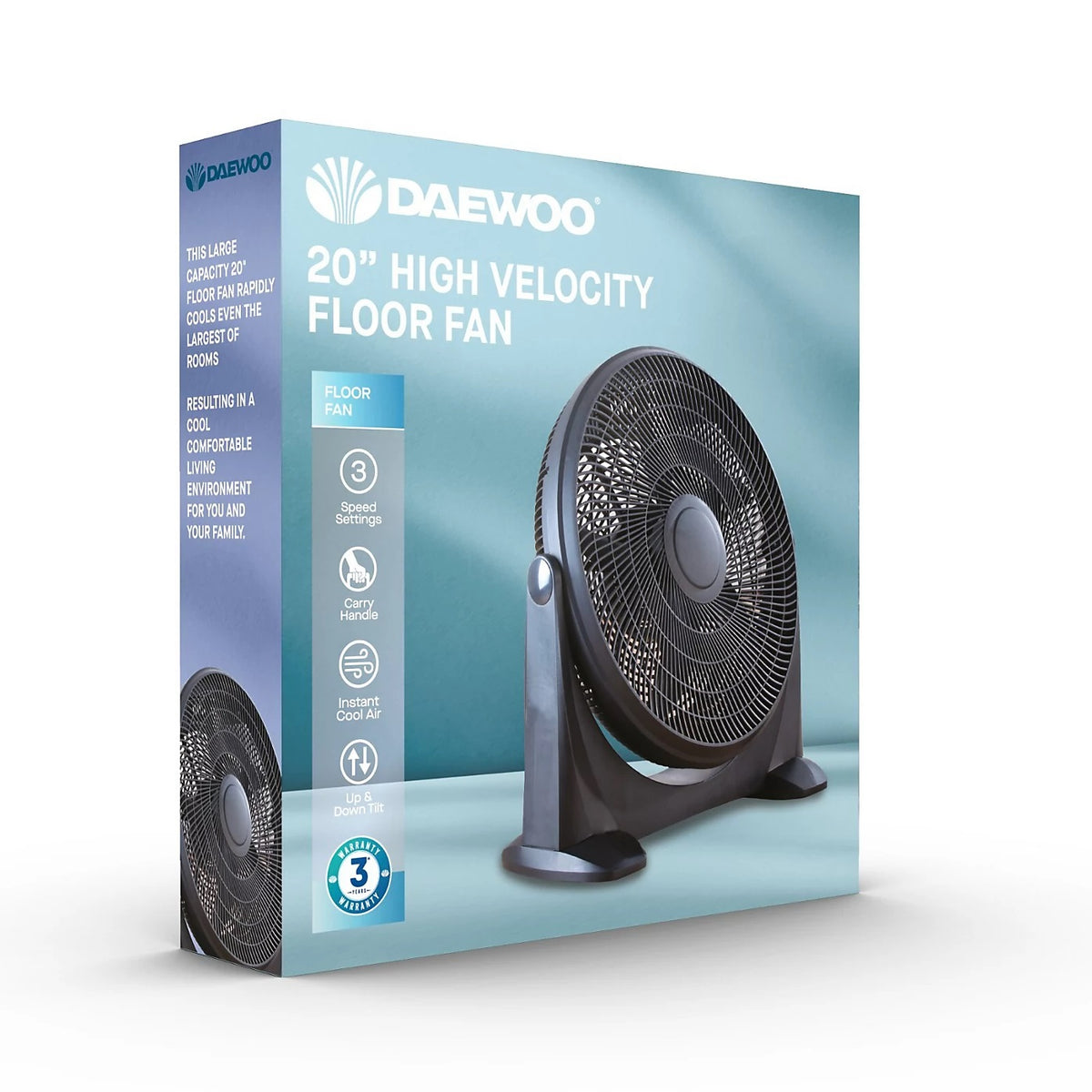 Daewoo High-Velocity Floor Fan Black 20-Inch COL1479 | 3 Speed Settings | Carry Handle | Instant Cool Air | Up and Down Tilt