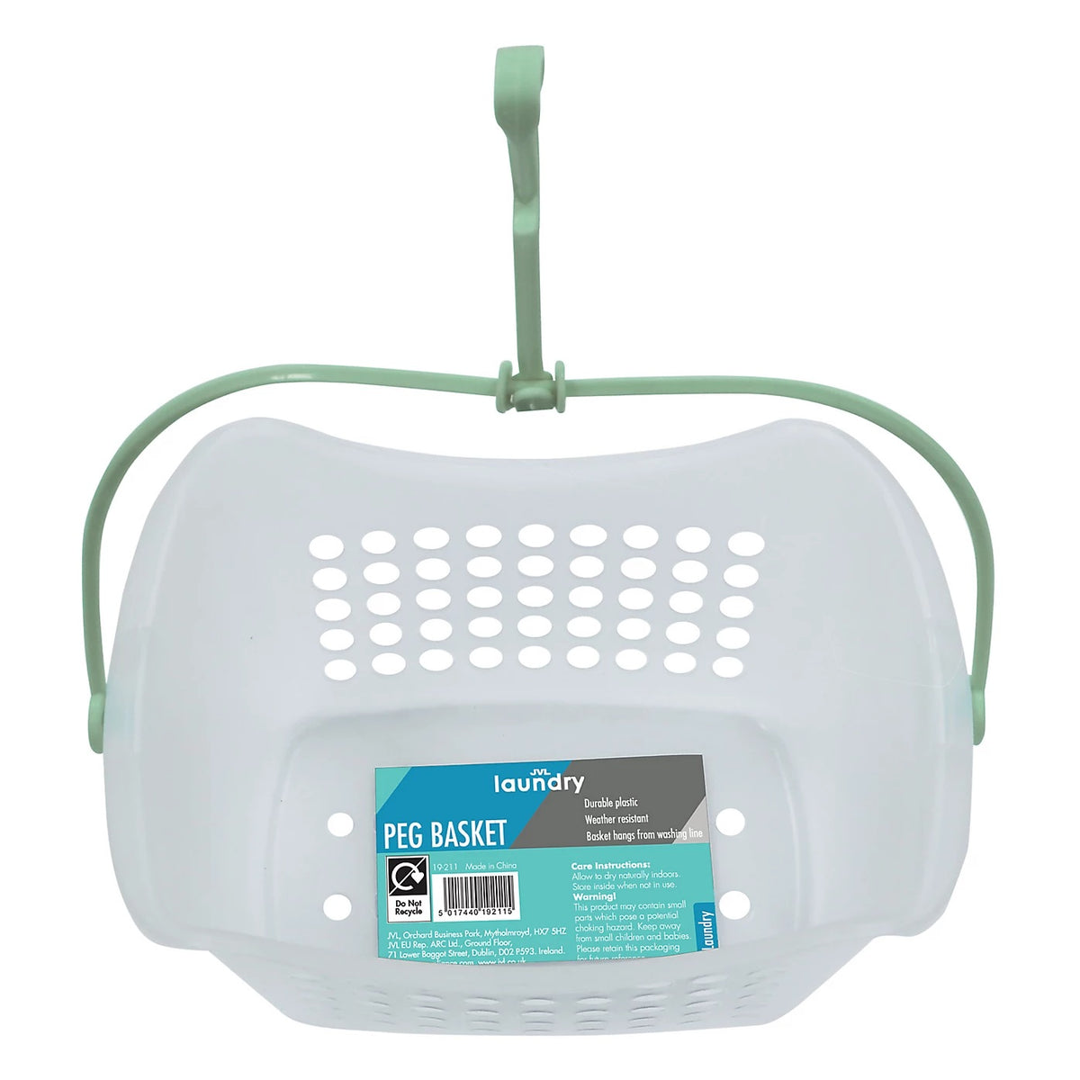 JVL Laundry Peg Basket Clear H13cm x W23cm x D15.5cm 19-211 | Durable White Plastic | Weather Resistant Hanging Hook Caddy | Clothes Peg Holder | Washing Line Peg Storage | Laundry Peg Bag Alternative | Outdoor Clothes Pegs Bucket