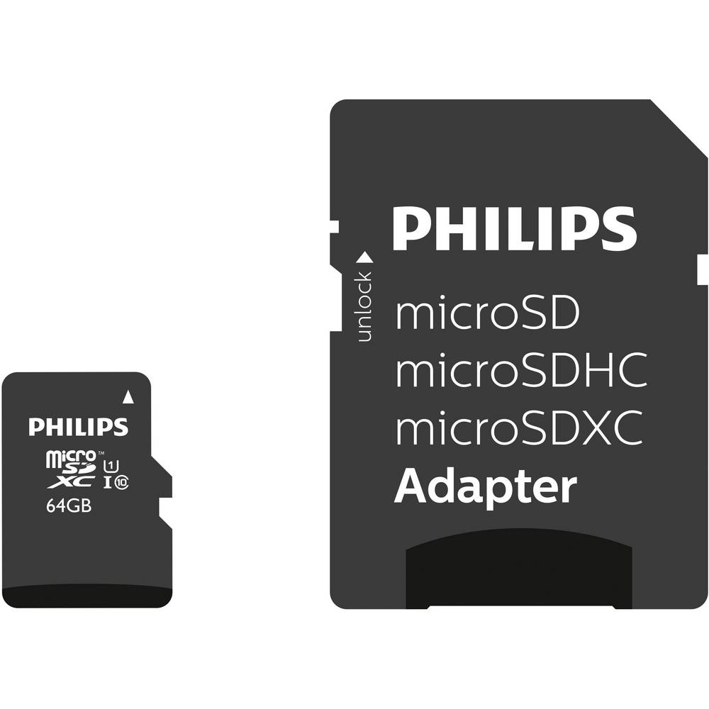 Philips MicroSDXC 64GB Memory Card Black PHIMSD64GBC10 | Ultra Speed UHS-I | Class 10 U1 V10 A1 with SD Adapter | Micro SD Card | Flash Memory Card | Upto 80MBs High Speed Card | Full HD Video Storage | Mobile Phone Camera Tablet Expansion Card