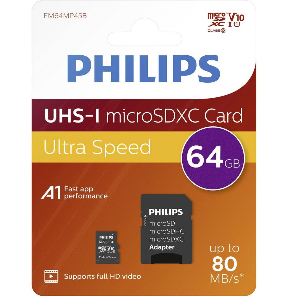 Philips MicroSDXC 64GB Memory Card Black PHIMSD64GBC10 | Ultra Speed UHS-I | Class 10 U1 V10 A1 with SD Adapter | Micro SD Card | Flash Memory Card | Upto 80MBs High Speed Card | Full HD Video Storage | Mobile Phone Camera Tablet Expansion Card