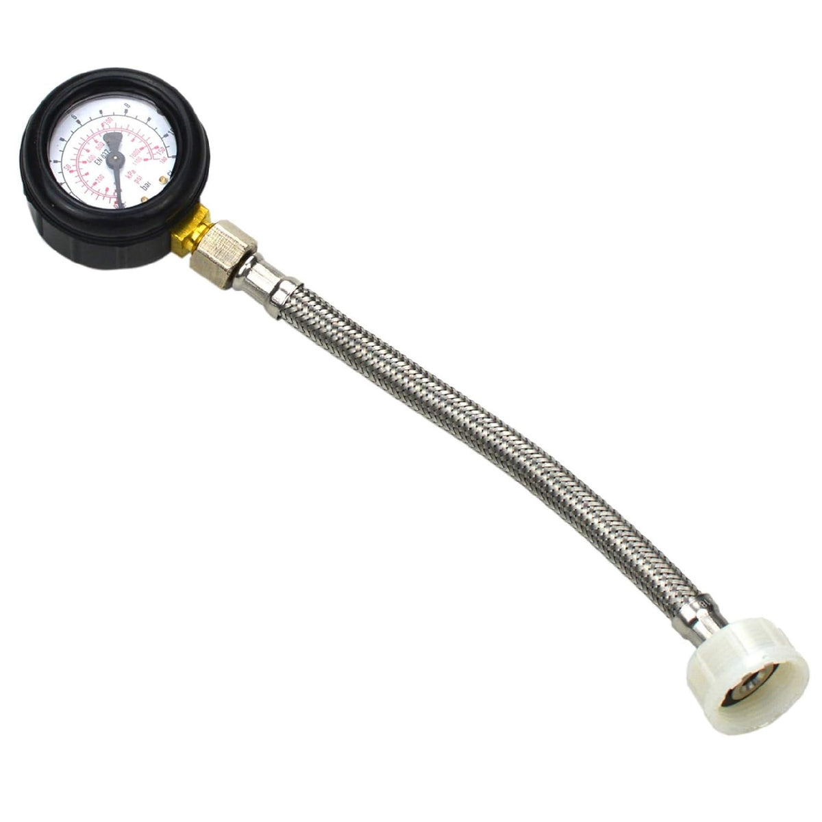 Monument Mains Water Pressure Test Gauge Black 2510L | 0.75 Inch BSP Thread | Max 12 Bar | Flexible Braided Hose | Measures kPa and PSI | Plumbing Diagnostic Tool | Water Pressure Tester Meter | Tap Flow Test Kit | Home Plumbing System Testing