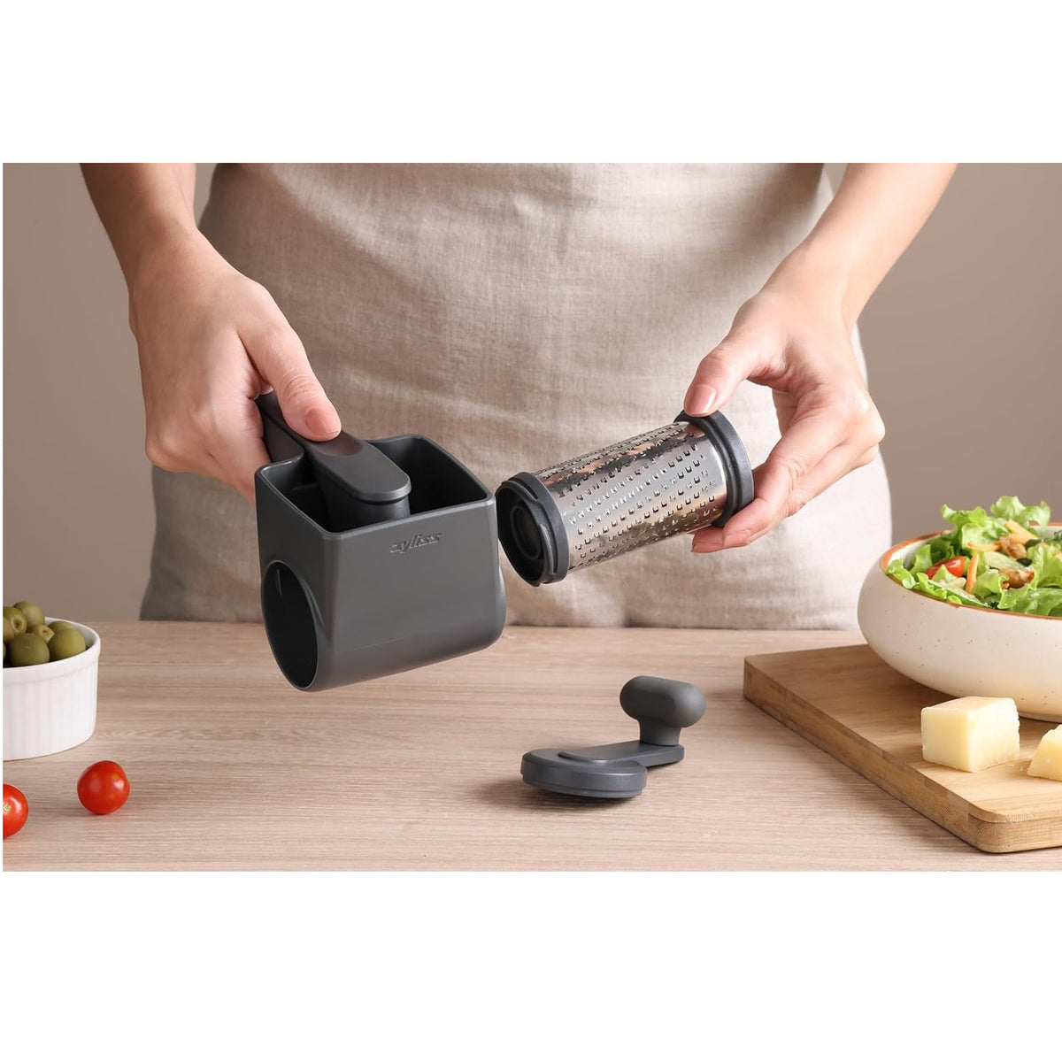 Zyliss Professional Rotary Cheese Grater Grey E900067 | Razor Sharp Blade Drum | Left and Right Handed Use | 15 Percent Wheat Straw Eco Friendly Material | Hand Crank Chocolate Grater | Nut Grinding Tool | Hard Cheese Shredder | Manual Kitchen Slicer