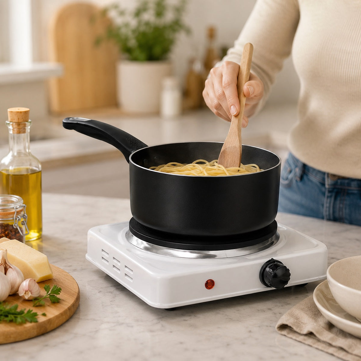 Pifco Electric Single Hob White L23cm x W23cm x H7.2cm 204783 | 1500 Watt Power | 5 Power Levels | 18.5cm Solid Hotplate | Variable Temperature Control | Electric Countertop Cooker | Single Boiling Ring | Portable Electric Stove | Compact Hot Plate | Kitchen Camping Cooking Appliance