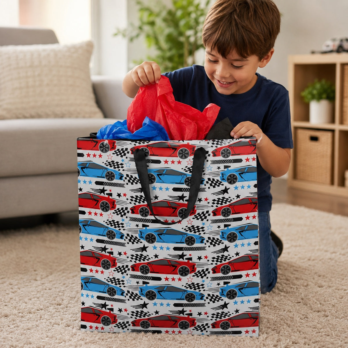Clairefontaine Eurowrap Racecar Gift Bag Multicolour Large W265mm x H330mm x 140mm Pack of 6 36914-2C | FSC Certified Paper | Boys Birthday Present Wrap | Racing Car Theme Party Gift Bag